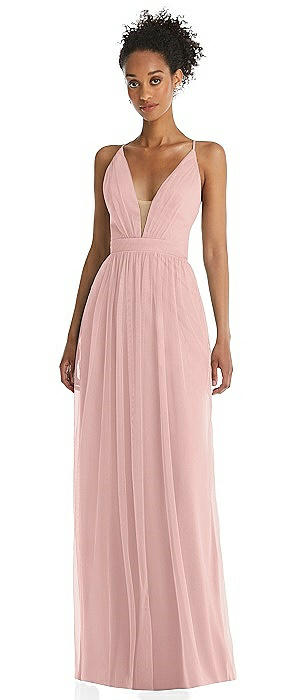 Illusion Deep V-Neck Tulle Maxi Dress with Adjustable Straps