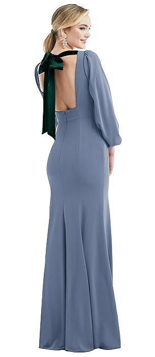 Bishop Sleeve Open-Back Trumpet Gown with Scarf Tie