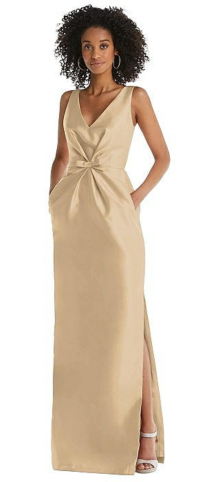 Pleated Bodice Satin Maxi Pencil Dress with Bow Detail