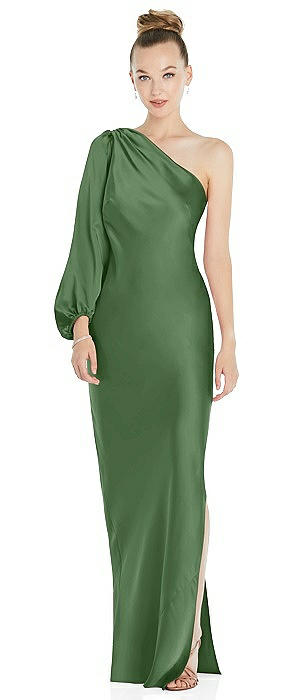 One-Shoulder Puff Sleeve Maxi Bias Dress with Side Slit