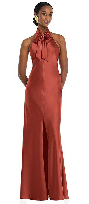 Scarf Tie Stand Collar Maxi Dress with Front Slit