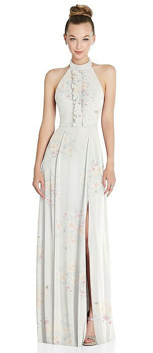 Halter Backless Maxi Dress with Crystal Button Ruffle Placket