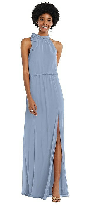 Scarf Tie High Neck Blouson Bodice Maxi Dress with Front Slit