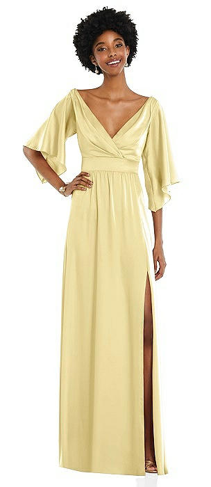 Asymmetric Bell Sleeve Wrap Maxi Dress with Front Slit
