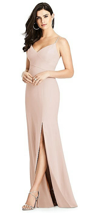 Seamed Bodice Crepe Trumpet Gown with Front Slit