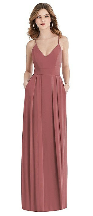 Pleated Skirt Crepe Maxi Dress with Pockets