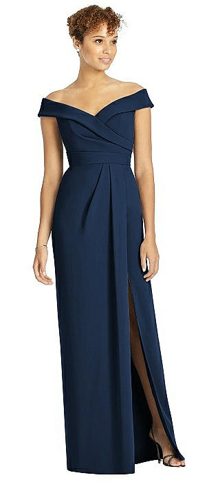 Cuffed Off-the-Shoulder Faux Wrap Maxi Dress with Front Slit