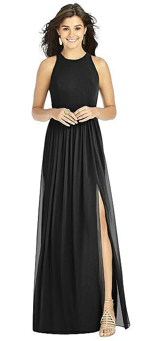 Shirred Skirt Halter Dress with Front Slit