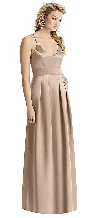 Pleated Skirt Satin Maxi Dress with Pockets