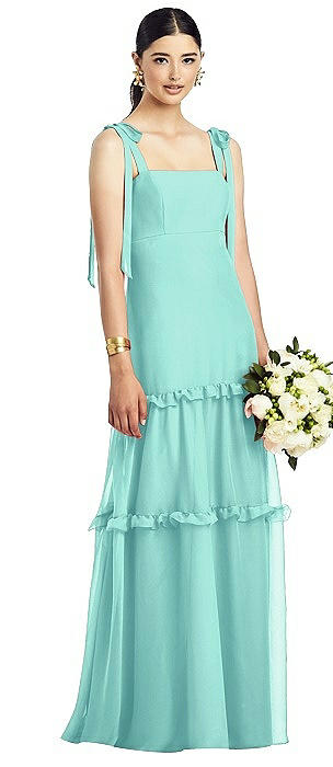 Bowed Strap Crinkle Chiffon Gown with Tiered Ruffle Skirt