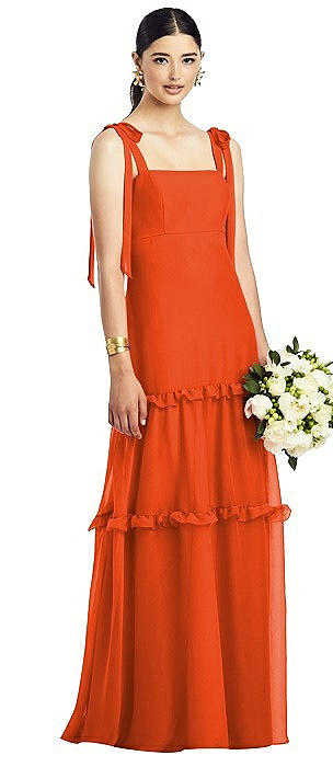 Bowed Strap Crinkle Chiffon Gown with Tiered Ruffle Skirt