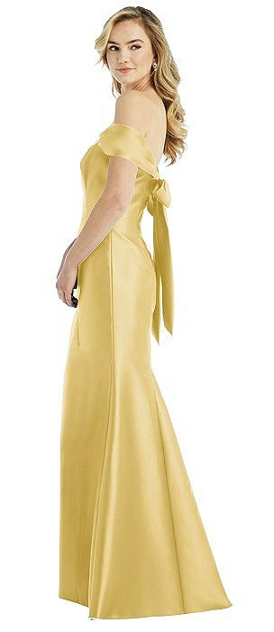 Off-the-Shoulder Bow-Back Satin Trumpet Gown