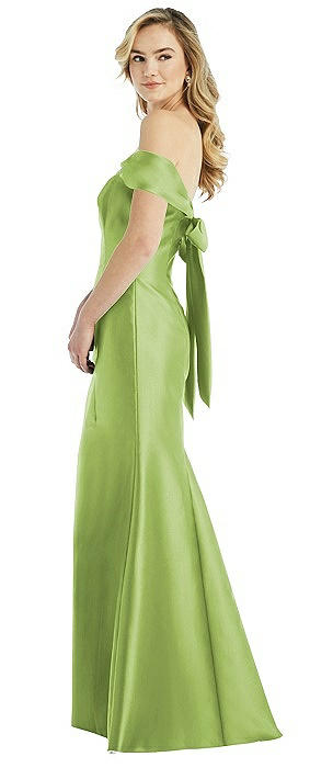 Off-the-Shoulder Bow-Back Satin Trumpet Gown