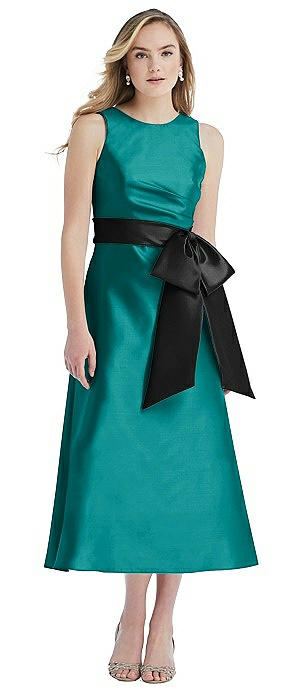 High-Neck Bow-Waist Midi Dress with Pockets