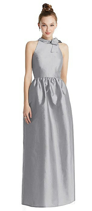 Bowed High-Neck Full Skirt Maxi Dress with Pockets