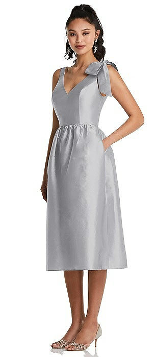 Bowed-Shoulder Full Skirt Midi Dress with Pockets