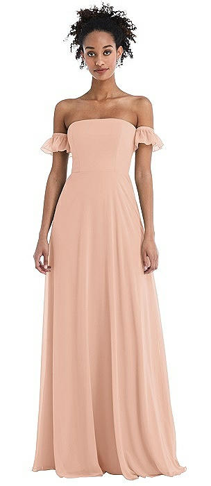peach off the shoulder bridesmaid dresses