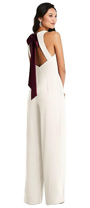 Cutout Open-Back Halter Jumpsuit with Scarf Tie