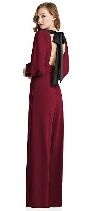 Bishop Sleeve Open-Back Jumpsuit with Scarf Tie