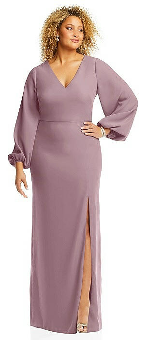 Long Puff Sleeve V-Neck Trumpet Gown