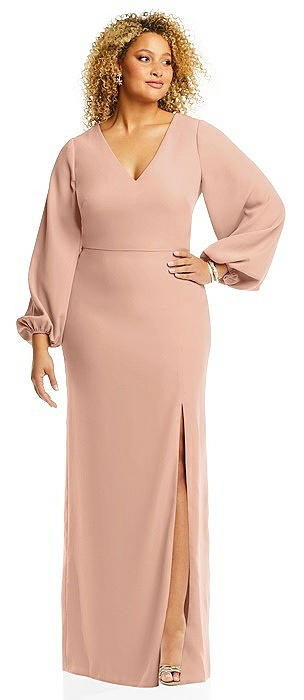 Long Puff Sleeve V-Neck Trumpet Gown