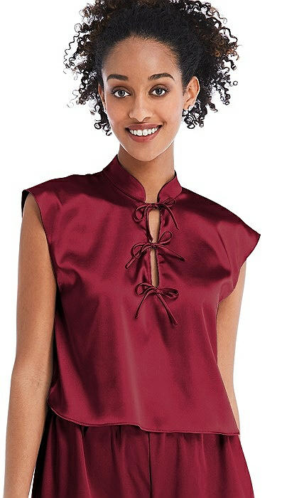 Satin Stand Collar Tie-Front Pullover Top - Remi