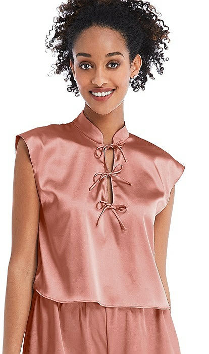 Satin Stand Collar Tie-Front Pullover Top - Remi