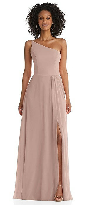 One-Shoulder Chiffon Maxi Dress with Shirred Front Slit