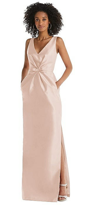 Pleated Bodice Satin Maxi Pencil Dress with Bow Detail