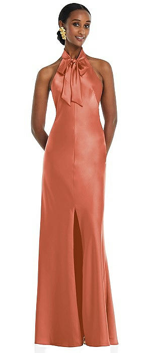 Scarf Tie Stand Collar Maxi Dress with Front Slit