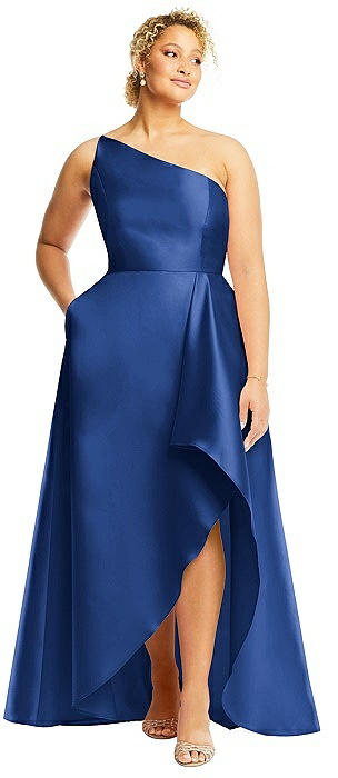 One-Shoulder Satin Gown with Draped Front Slit and Pockets