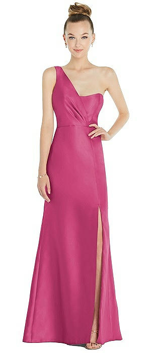 Draped One-Shoulder Satin Trumpet Gown with Front Slit