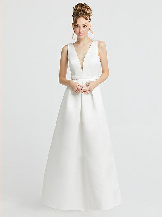 Pearl-Trimmed Deep V-Neck Satin Wedding Dress with Pockets