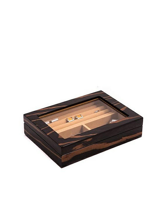 "Ebony" Lacquered Burl Wood Valet Box with Glass Top