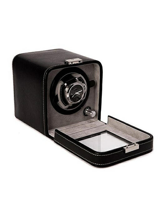 Black Leather Single Watch Winder With See-thru Glass Door and Locking Clasp
