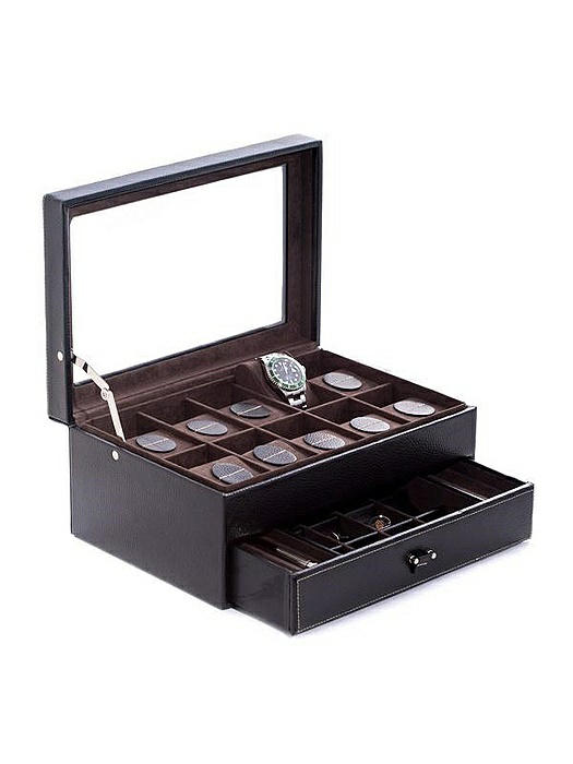 Black Leather 10-Watch Case with Glass Top
