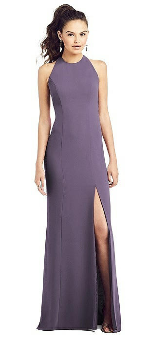 Open-Back Jewel Neck Trumpet Gown with Front Slit