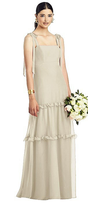 Bowed Tie-Shoulder Chiffon Dress with Tiered Ruffle Skirt