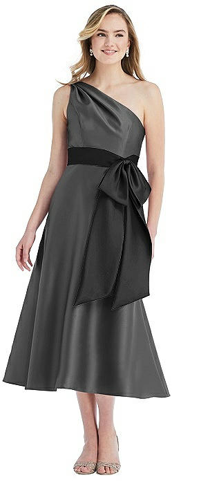 One-Shoulder Bow-Waist Midi Dress with Pockets
