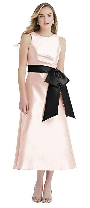 High-Neck Bow-Waist Midi Dress with Pockets