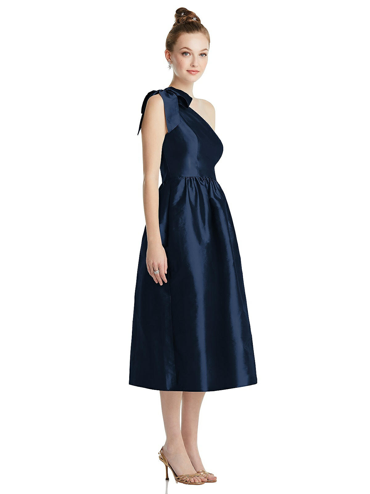 Bowed One-Shoulder Full Skirt Midi Bridesmaid Dress With Pockets | The ...