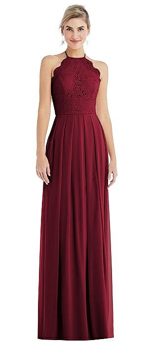 Tie-Neck Lace Halter Pleated Skirt Maxi Dress