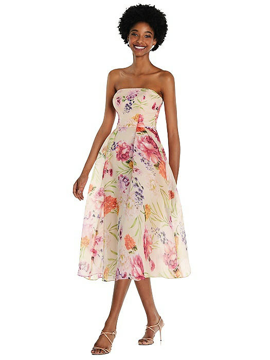 Strapless Pink Floral Organdy Midi 