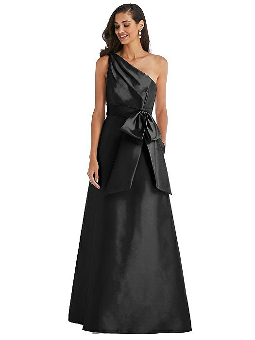 One-Shoulder Bow-Waist Maxi Bridesmaid Dress With Pockets | The Dessy Group
