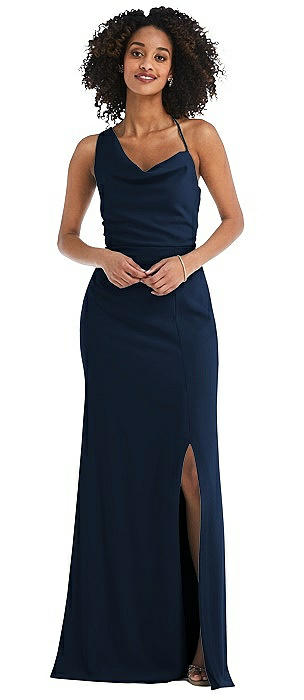 Midnight Navy Cowl Bridesmaid Dresses 
