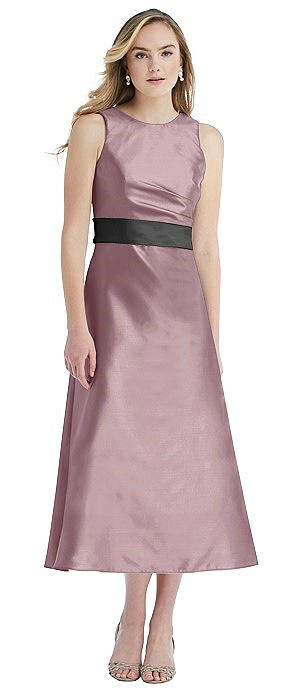 High-Neck Asymmetrical Shirred Satin Midi Dress with Pockets