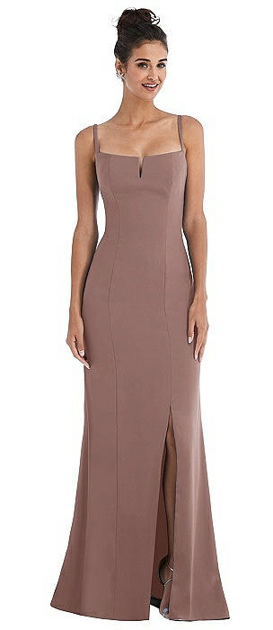 Notch Crepe Trumpet Gown with Front Slit