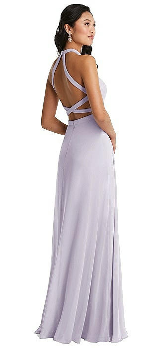 Stand Collar Halter Maxi Dress with Criss Cross Open-Back