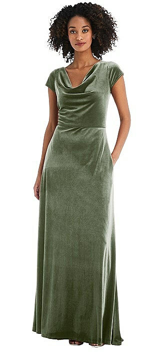 Cowl-Neck Cap Sleeve Velvet Maxi Dress with Pockets