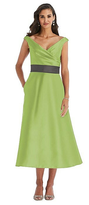 Off-the-Shoulder Draped Wrap Satin Midi Dress with Pockets